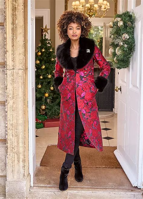 Joe Browns Floral Jacquard Faux Fur Trim Statement Coat Kaleidoscope