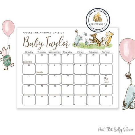 Guess The Due Date Classic Winnie The Pooh Baby Shower Game Baby Shower