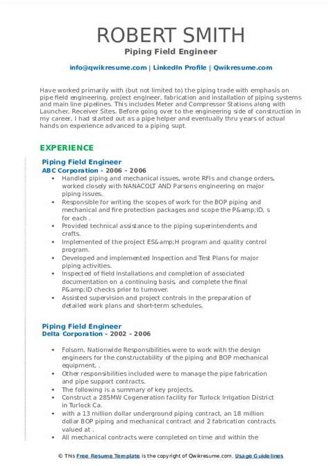 Piping Field Engineer Resume Samples Templates For