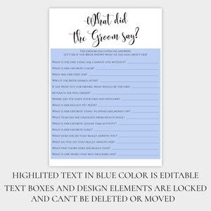 EDITABLE What Did The Groom Say Printable He Say About His Bride Game