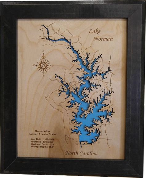 Lake Norman Nc Wood Laser Cut Topographical Engraved Map Etsy