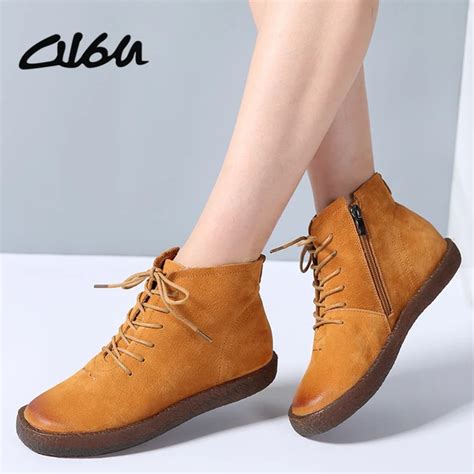 O16u Ankle Boots Shoes Women Genuine Leather Lace Up Ladies Boots Retro Low Heel Rubber Boots