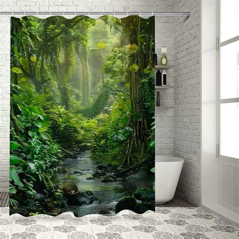 Bciig Rainforest Shower Curtain Green Tree Forest Jungle Plant Tropical