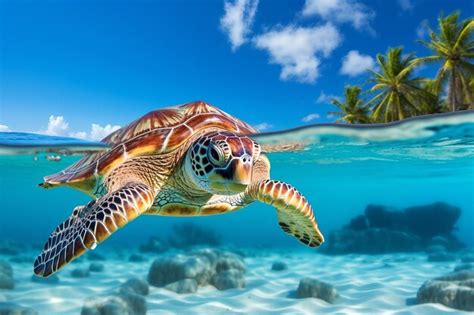 Premium Ai Image Clear Ocean Background With Sea Turtle Generative Ai