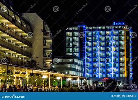 Neon Lights Of Berlin Golden Beach Hotel Building At Night Editorial