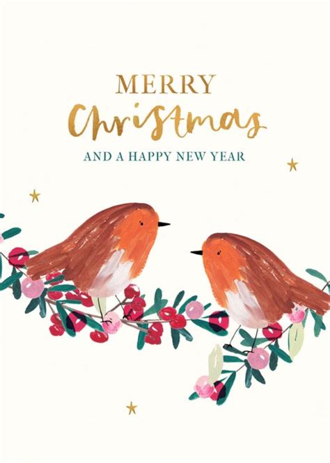 Festive Watercolour Illustrated Robins Christmas Card Moonpig