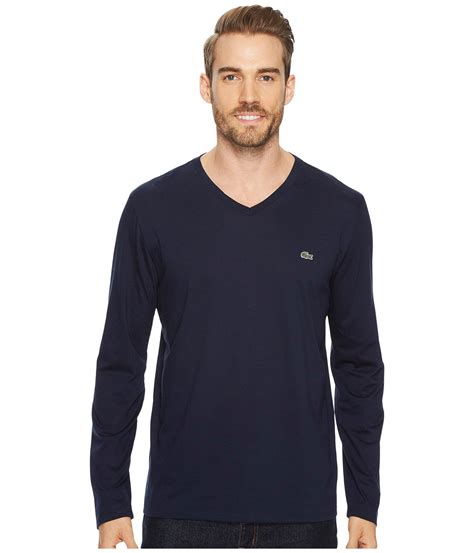 Lacoste Cotton Long Sleeve Pima Jersey V Neck T Shirt In Navy Blue