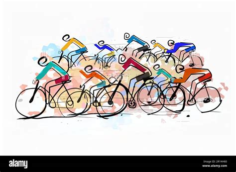 Cycling Race Peloton Line Art Stylized Illustration Of Group Of