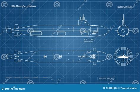 Blueprint Of Submarine Military Ship Top Front And Side View