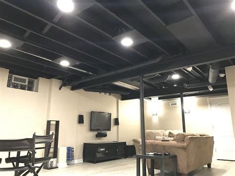 Exposed Basement Ceiling Painted Black Plywood Added Around Recessed Lights For In 2019