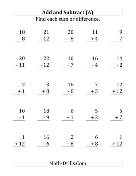 Adding And Subtracting With Facts From 1 To 12 A Worksheets Library