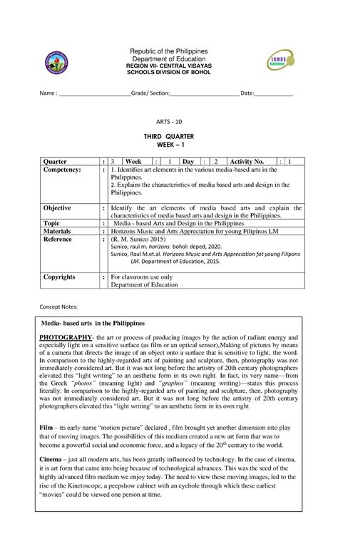 Arts10 Q3 Las Wk1 None Republic Of The Philippines Department Of Education Region Vii