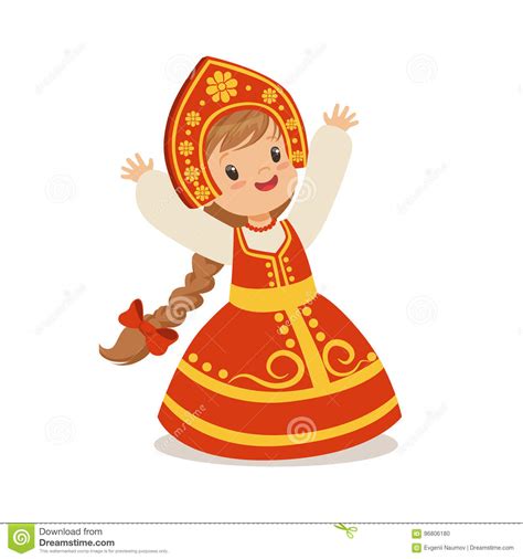 Cute Girl Wearing Red Sarafan And Kokoshnik National Costume Of Russia Colorful Character