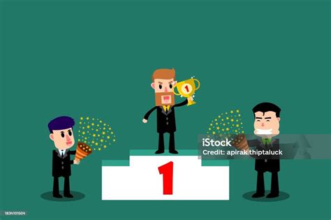 Businessman Holding Trophy On Podium Other Businessman Who Are