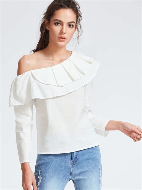 White One Shoulder Ruffle Trim Blouse Shein Sheinside