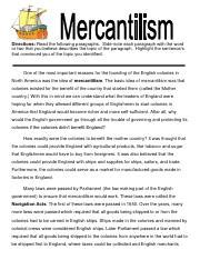 Mercantilism Reading Pdf Directions Read The Following Paragraphs