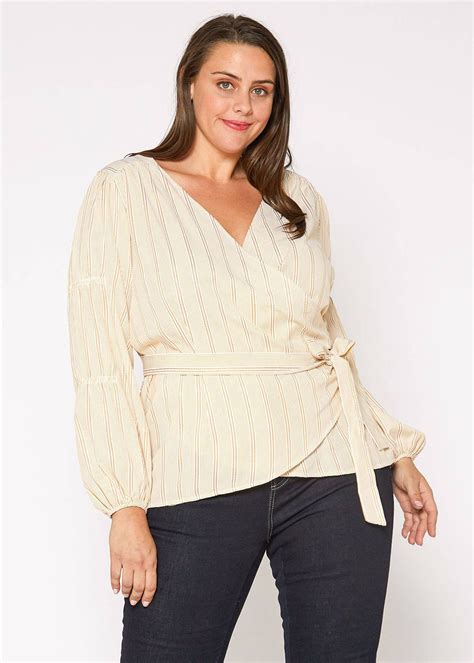 Nurode Yellow Plus Size Stripe Wrap Blouse Yellow Wrap Blouse Plus Size Chic Plus Size Blouses