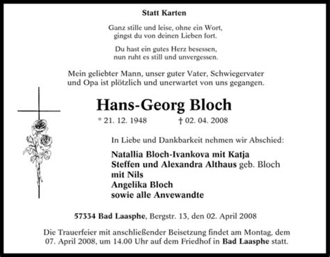 Trauer Und Todesanzeigen Von Hans Georg Bloch Trauer De