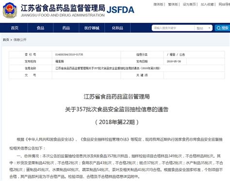 江苏省食药监局抽检8类食品357批次样品 不合格8批次 中国质量新闻网