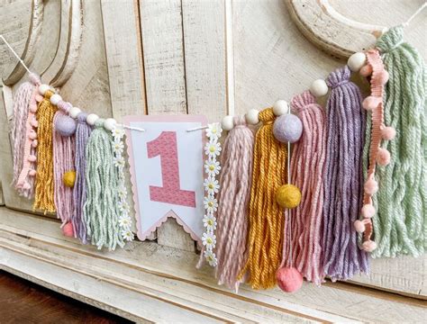 Boho Wildflower Daisy Birthday High Chair Yarn Tassel Banner High Chair Banner Cake Smash