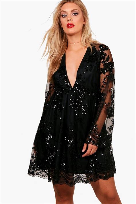 Plus Floral Sequin Wrap Skater Dress Boohoo Nz