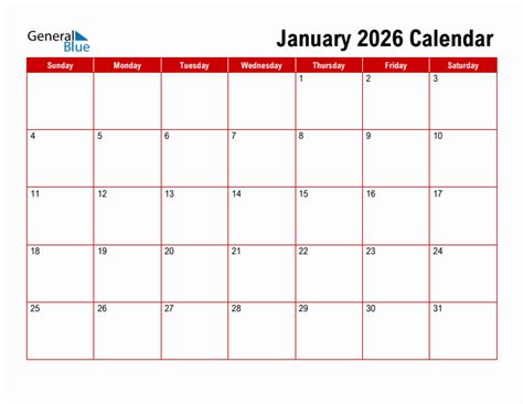 January 2026 Monthly Calendar (PDF, Word, Excel)