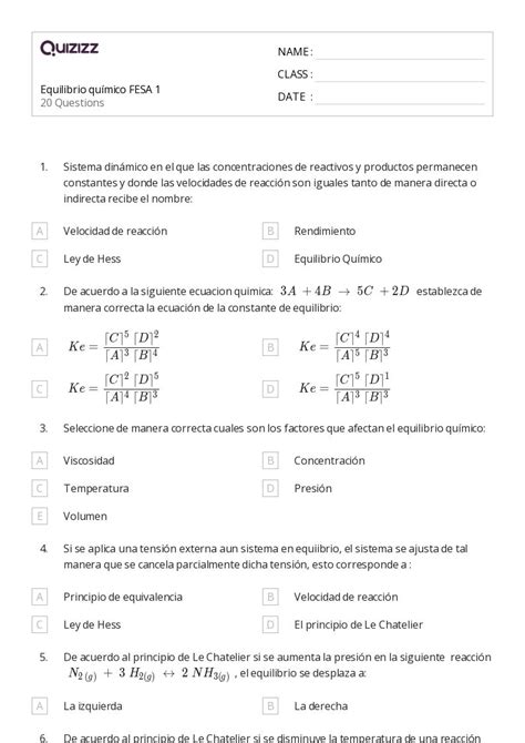 50 Equilibrio Químico Hojas De Trabajo Para Grado 9 En Quizizz