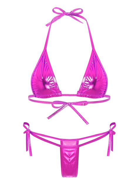 YIZYIF Womens Metallic Bikini Set Halter Triangle Bra With Mini G