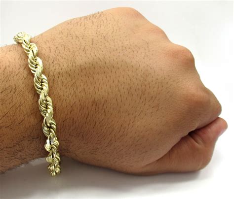 Mens 10k Yellow Gold Solid Diamond Cut Rope Bracelet 9 7mm