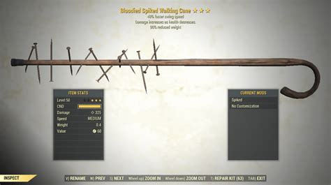 3 Bloodied Walking Cane Swing Speed 90 Reduced Weight Fallout 76