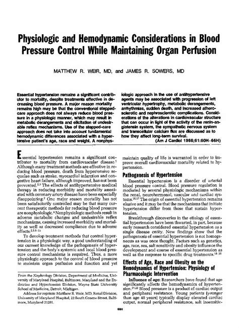 Pdf Physiologic And Hemodynamic Considerations In Blood Pressure