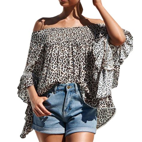 Buy Sexy Women Flare Sleeve Off Shoulder Leopard Print Shirt Tops