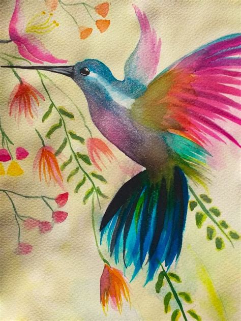 Colibrí en acuarela Flower art drawing Hummingbird painting Bird