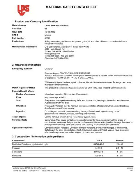 Material Safety Data Sheet MSDS Aerosol LPS Laboratories