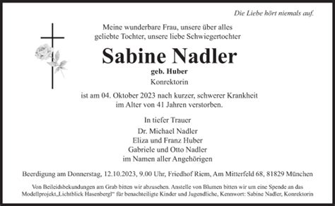 Traueranzeigen Von Sabine Nadler SZ Gedenken De