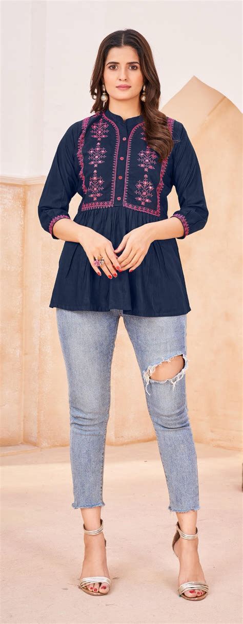 Perfect Navy Blue Color Heavy Rayon Embroidery Work Kurti