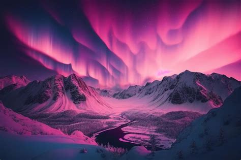 Aurora Boreal Rosa Sobre Montanhas Nevadas Linda Paisagem De Inverno