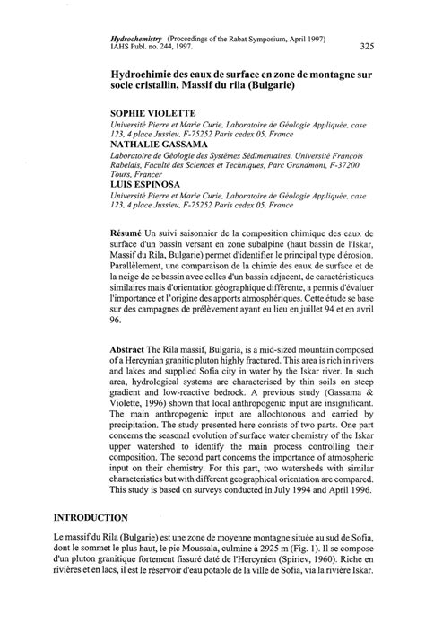 Pdf Hydrochimie Des Eaux De Surface En Zone De Montagne Sur Socle