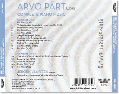 Anna Maria Jeroen Van Veen Plays Complete Piano Works By Arvo P Rt