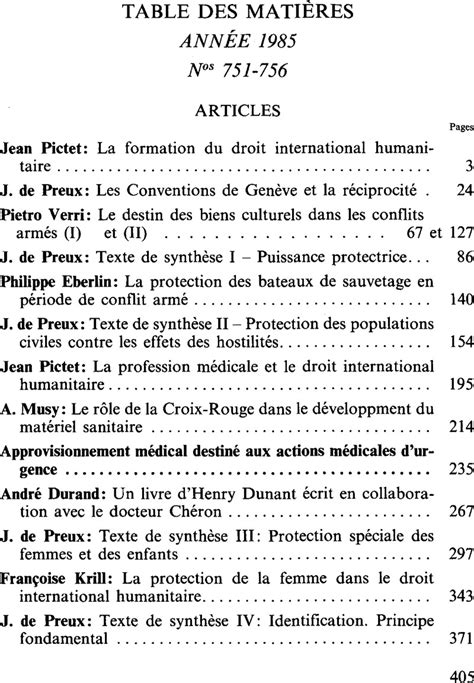 Table des matières Année 1985 International Review of the Red Cross