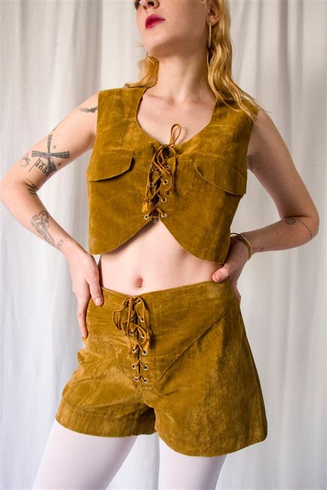 1970s Honey Brown Velvet Faux Suede Set Mini Shorts And Matching Lace Up Top Vintage 70s Two