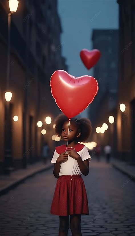 Fille Africaine Avec Ballon Coeur Rouge Sur Fond De Ville Sombre D