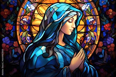 Stylized depiction of Holy Mary, vivid stained glass inspiration. Stock ...