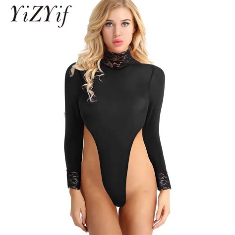 Yizyif Women Open Crotch Bodysuit One Piece Sheer Lingerie Long Sleeve Turtleneck High Cut Tank