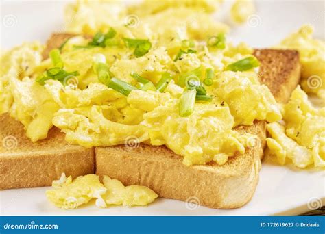 Delicious Breakfast Of Scrambled Eggs And Toast With Copy Space Stock