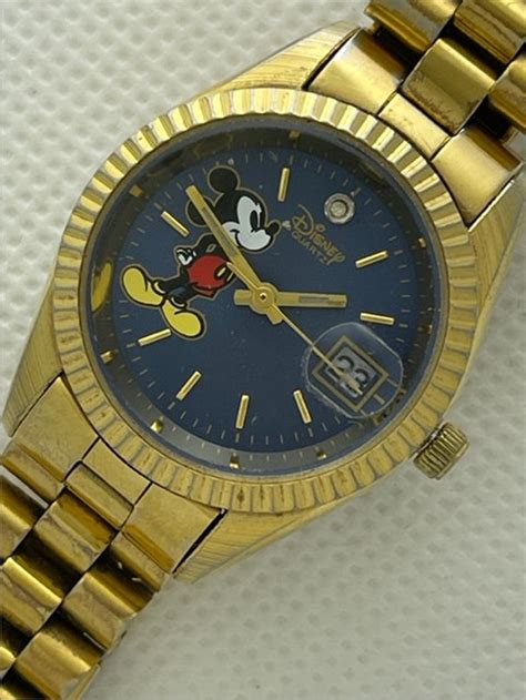 Disney Time Works Mickey Mouse Calendar Date Ladies Gold Capped Screw