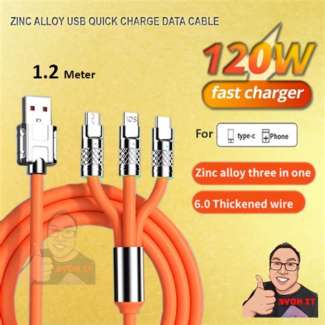 120W 6A Super Fast Charge 3in1 Zinc Alloy Charger Cable Type C Liquid