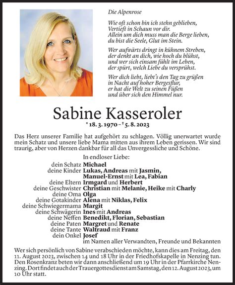 Todesanzeigen Von Sabine Kasseroler Todesanzeigen Vorarlberger