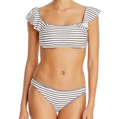 Vince Camuto Bikini Set White Black Stripes Ruffled Gem