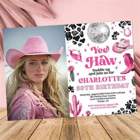 Editable Adult Space Cowgirl Birthday Photo Invitation Pink Disco Cowgirl Invite Nashville Rodeo